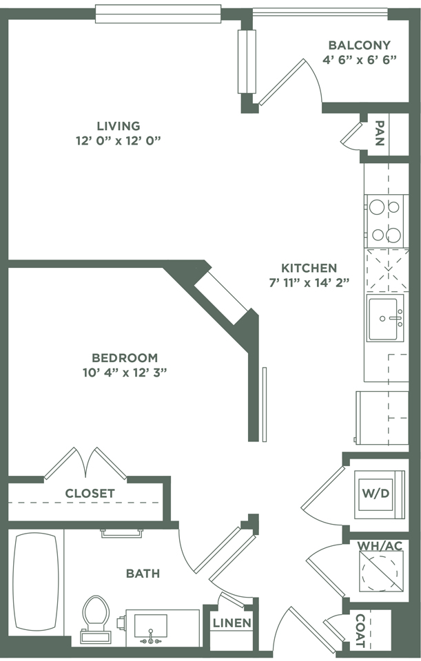 Floor plan for studio, 1 bath, 584 sqft