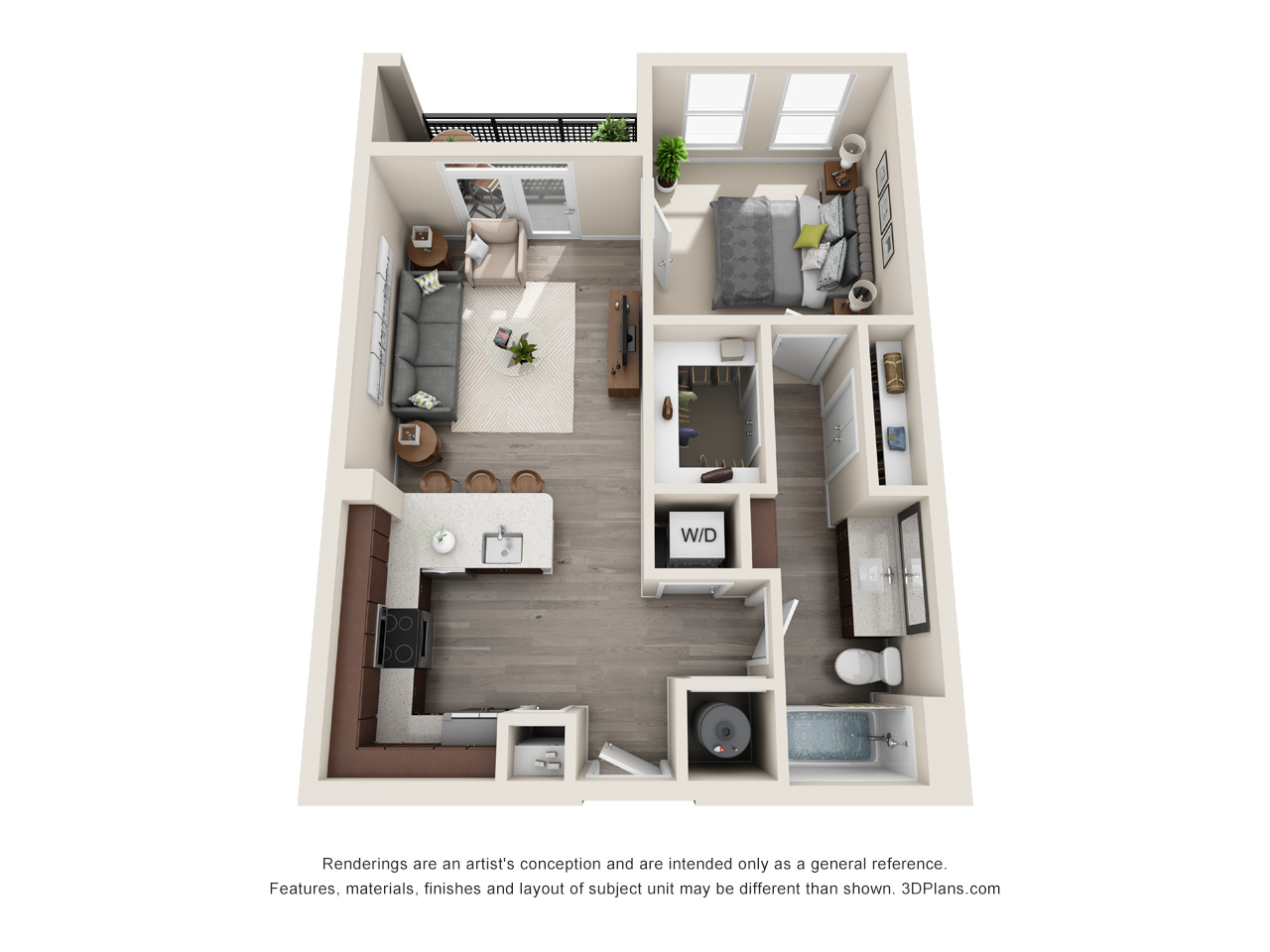 Floor plan for 1 bed, 1 bath, 689 sqft