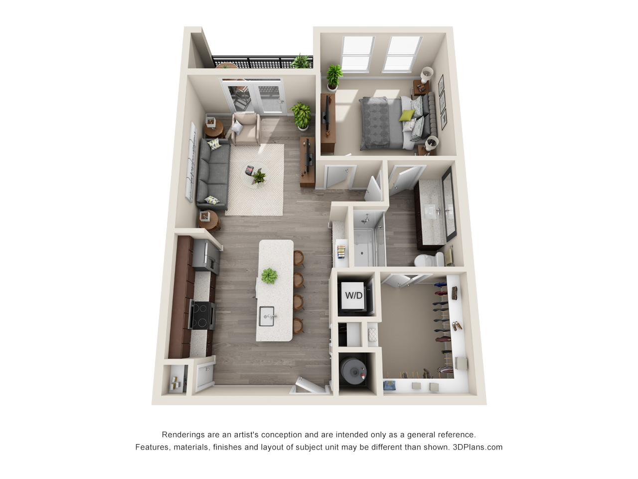 Floor plan for 1 bed, 1 bath, 770 sqft