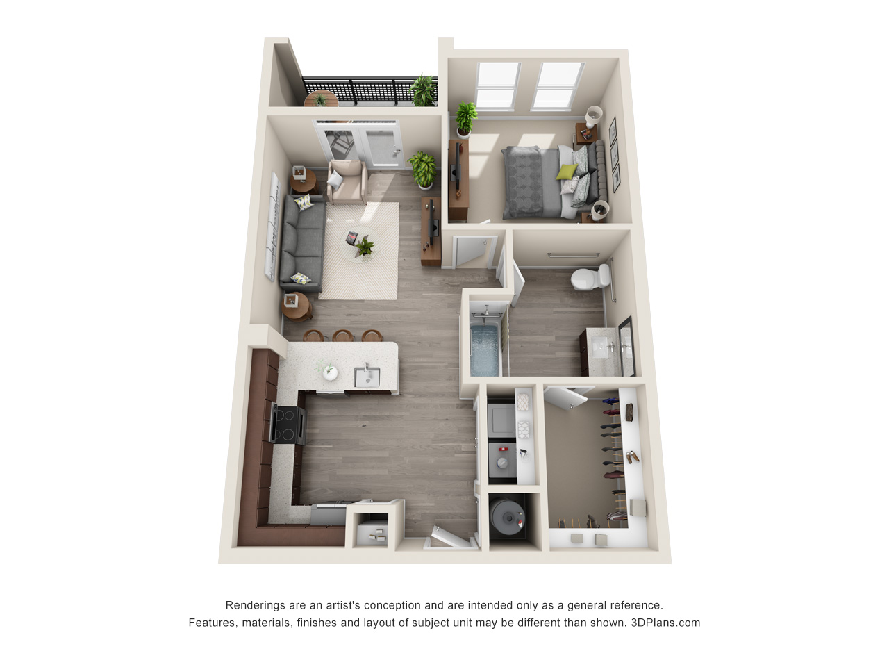 Floor plan for 1 bed, 1 bath, 770 sqft