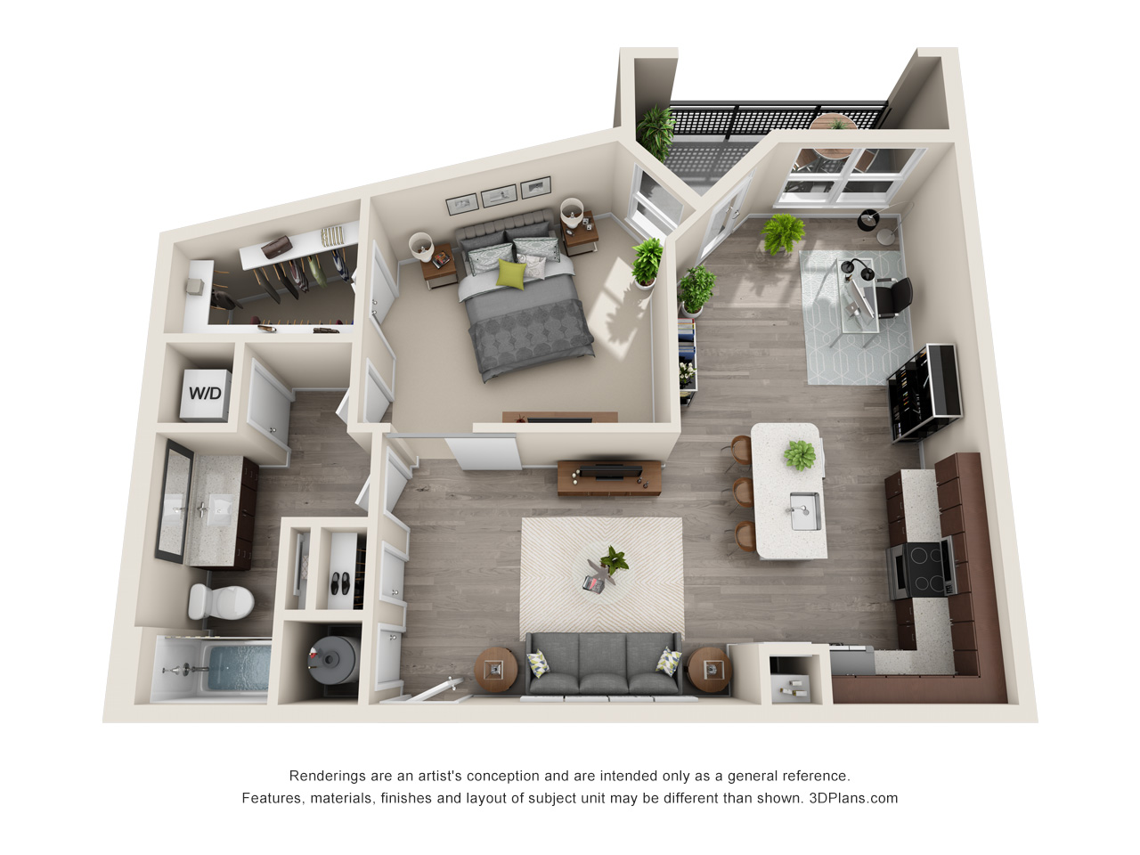 Floor plan for 1 bed, 1 bath, 855 sqft