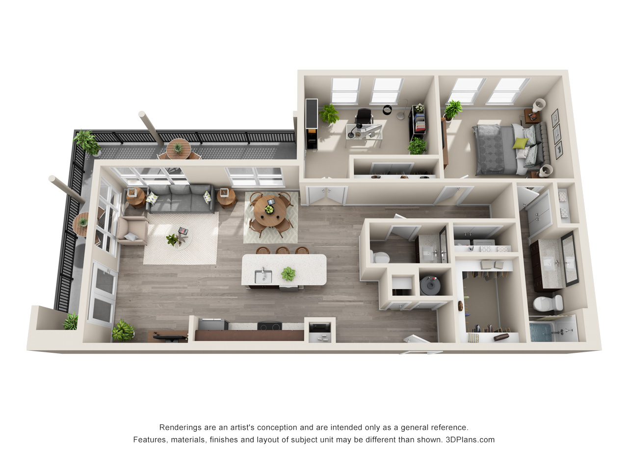 Floor plan for 1 bed, 1.5 baths, 1155 sqft