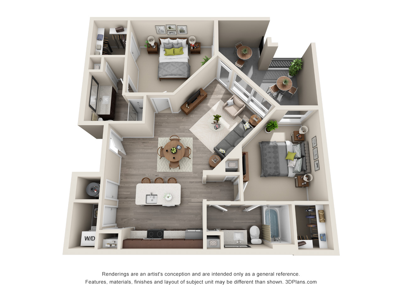 Floor plan for 2 beds, 2 baths, 1047 sqft