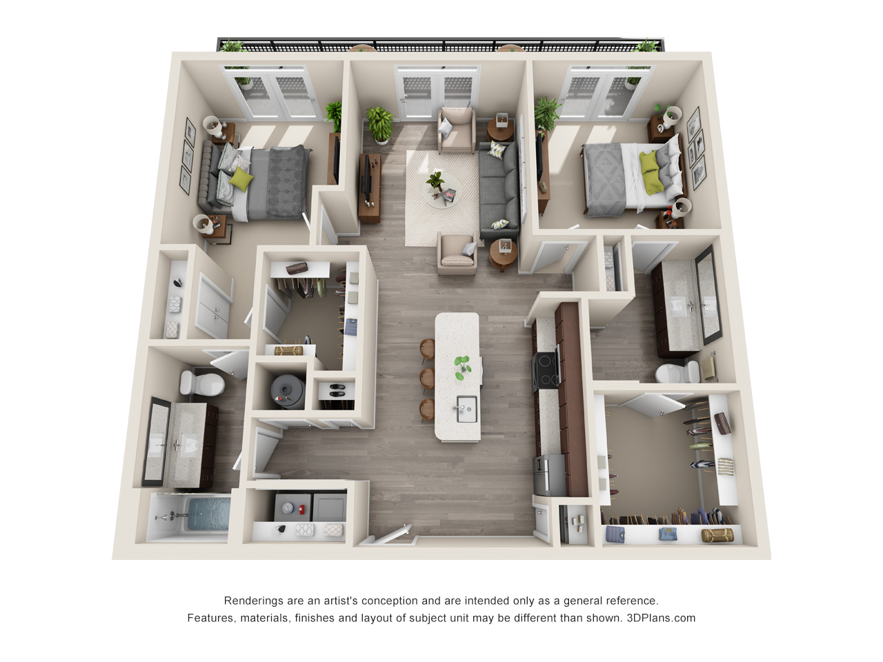 Floor plan for 2 beds, 2 baths, 1152 sqft