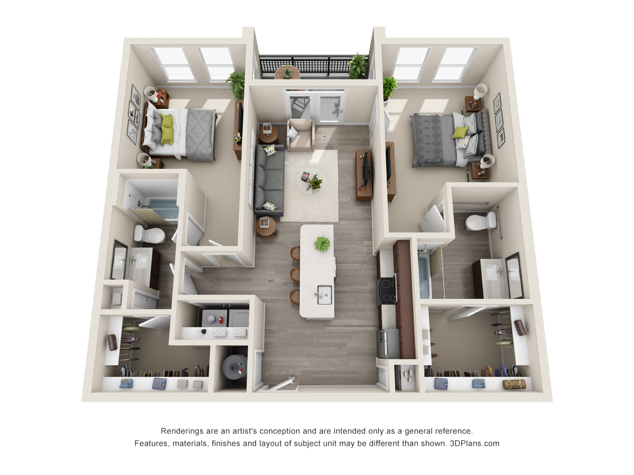 Floor plan for 2 beds, 2 baths, 1101 sqft