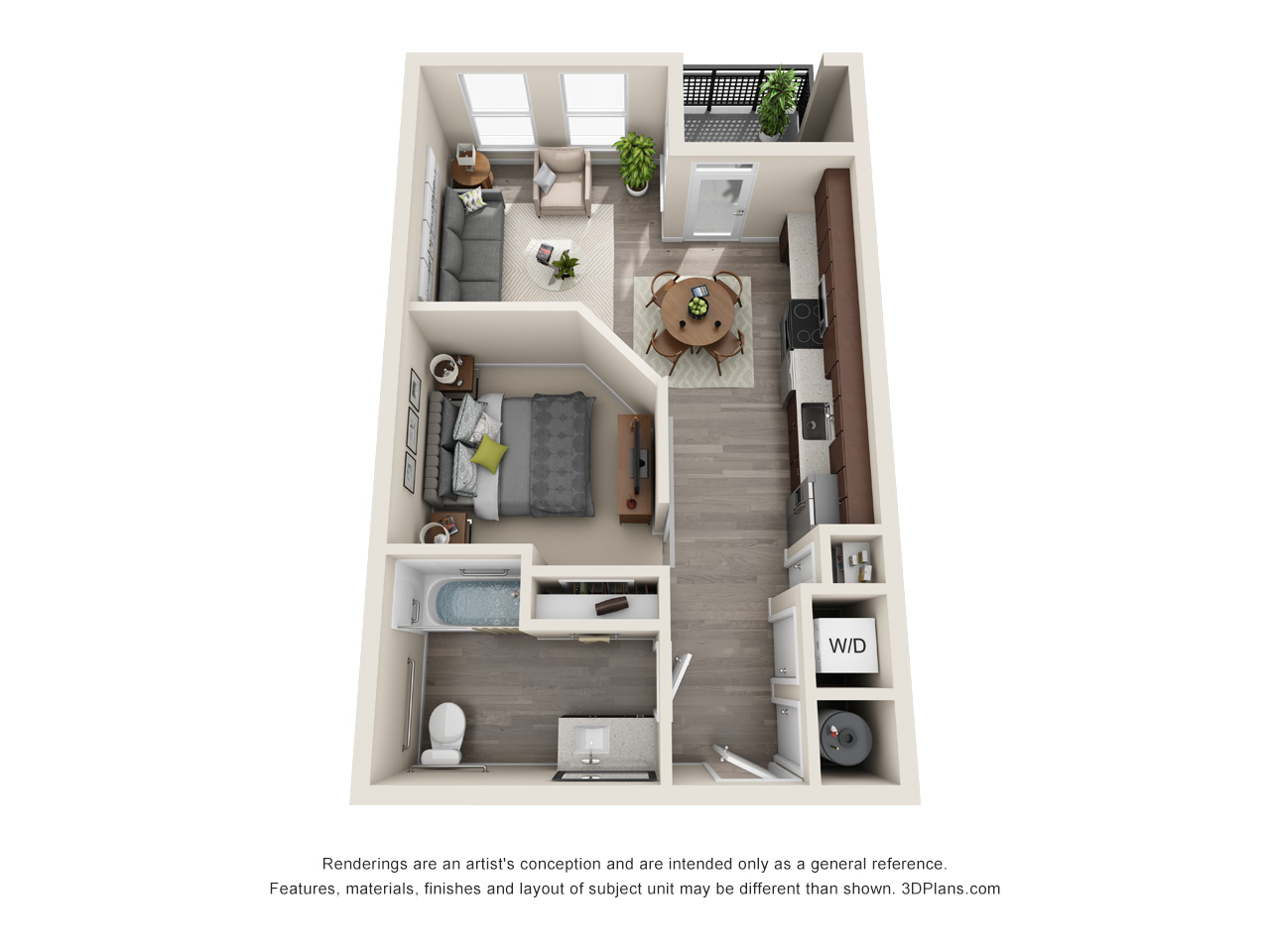 Floor plan for studio, 1 bath, 584 sqft