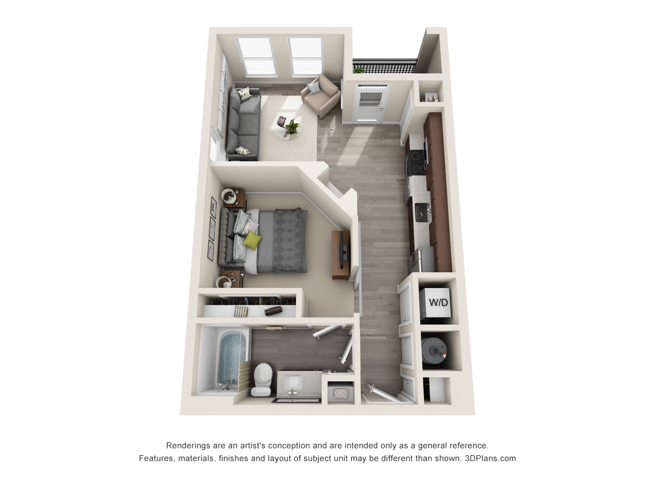 Floor plan for studio, 1 bath, 584 sqft