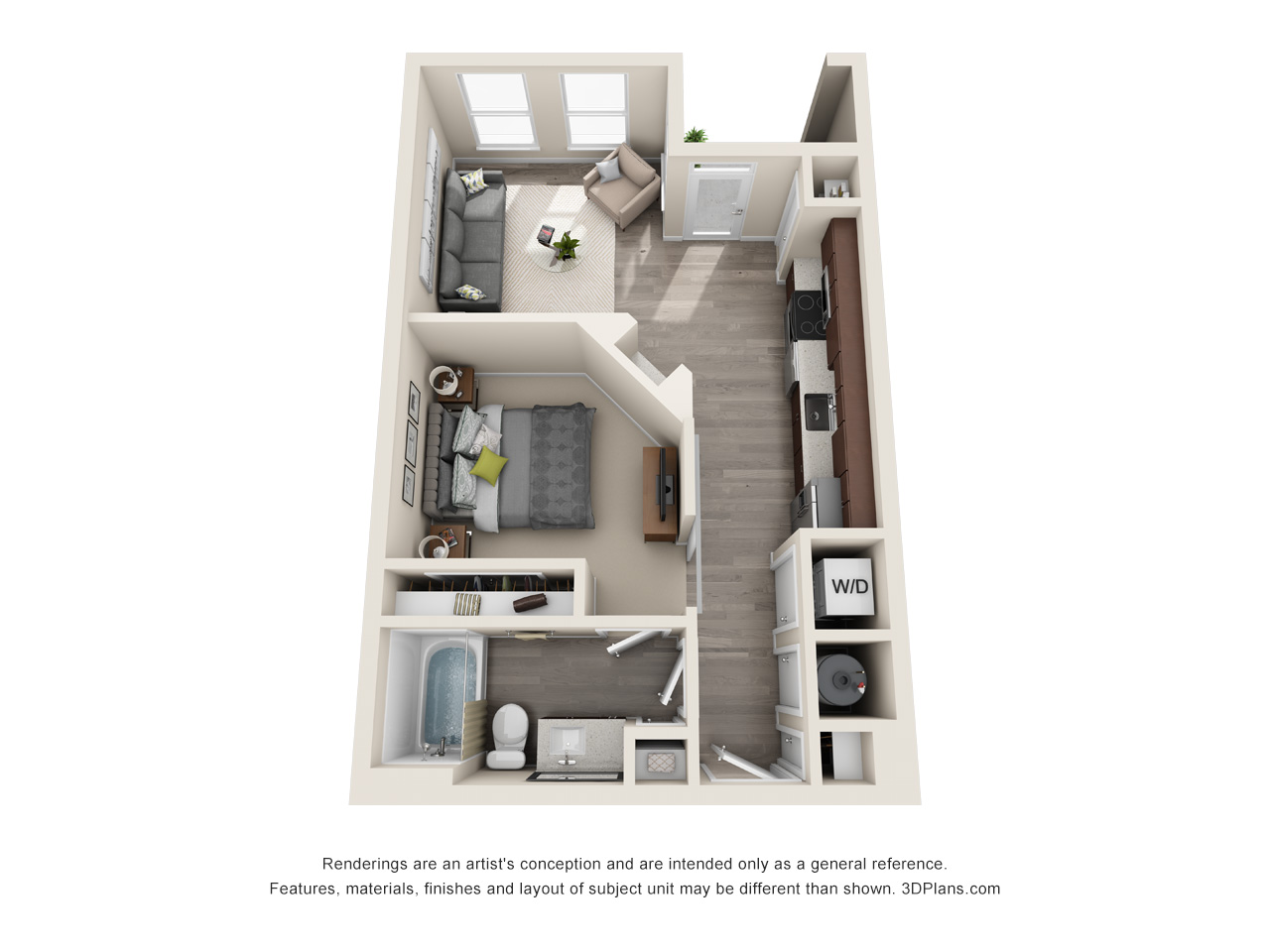 Floor plan for studio, 1 bath, 584 sqft