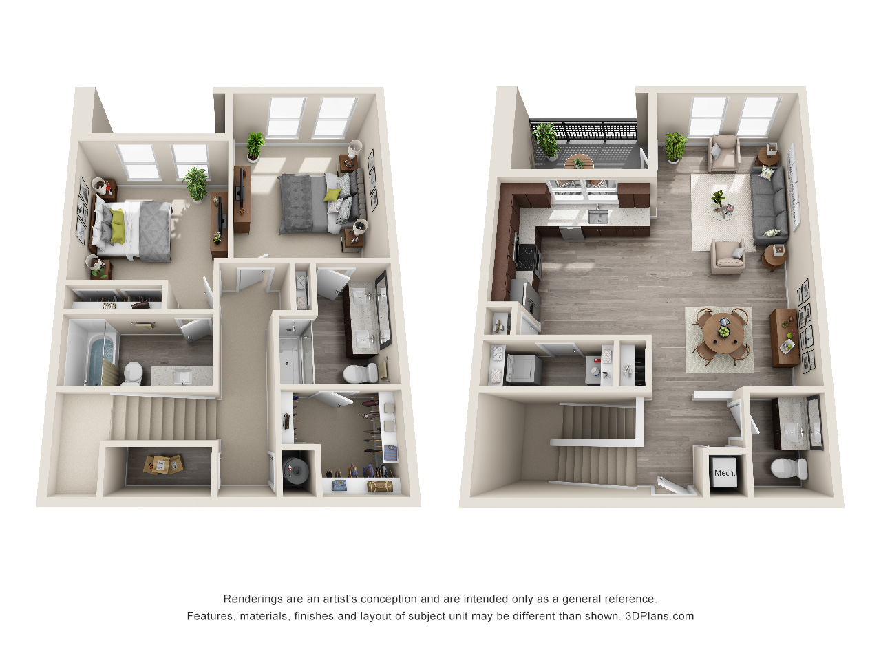 Floor plan for 2 beds, 2.5 baths, 1425 sqft