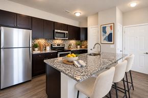 Baltimore apartment for rent - A kitchen with a granite countertop and stainless steel appliances.
