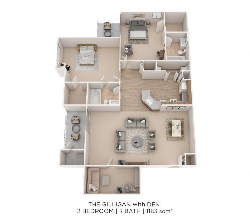 Floor plan for 2 beds, 2 baths, 1183 sqft