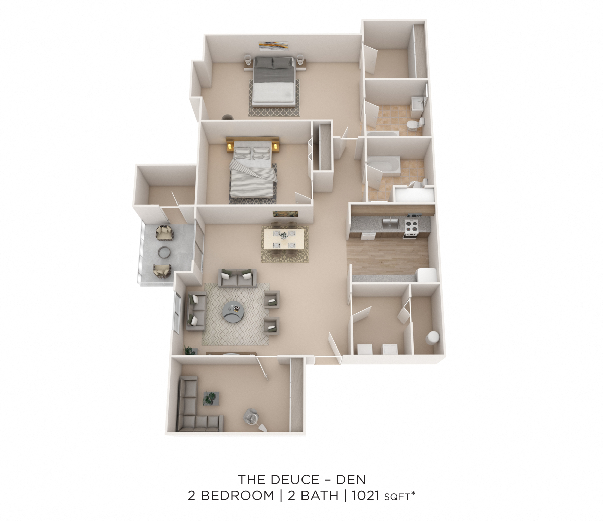 Floor plan for 2 beds, 2 baths, 1021 sqft