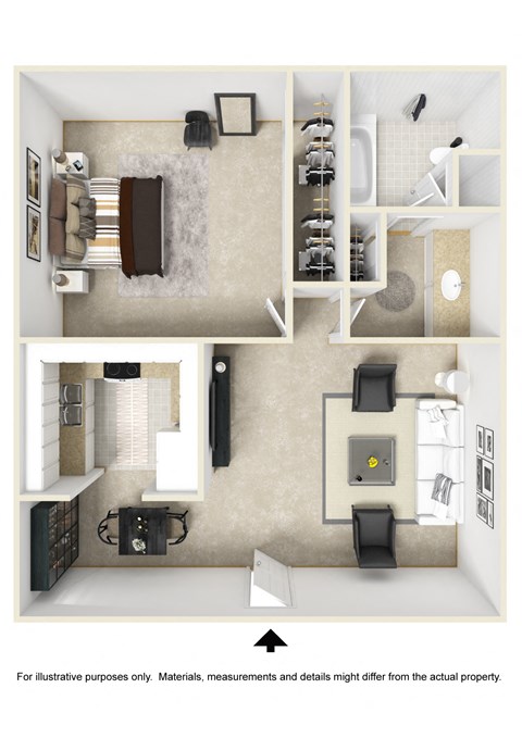 Floor plan for 1 bed, 1 bath, 650 sqft