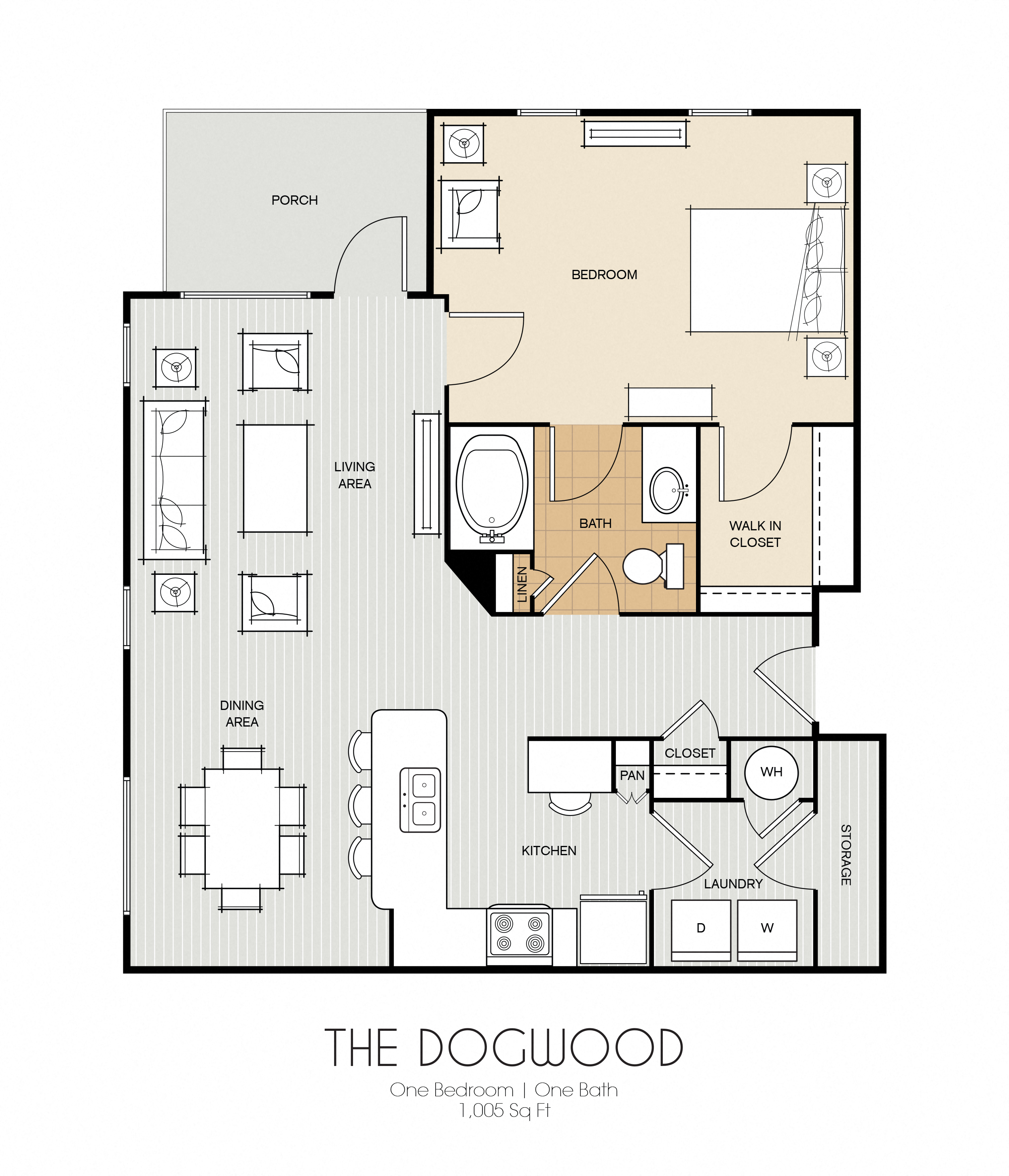 Floor plan for 1 bed, 1 bath, 1005 sqft