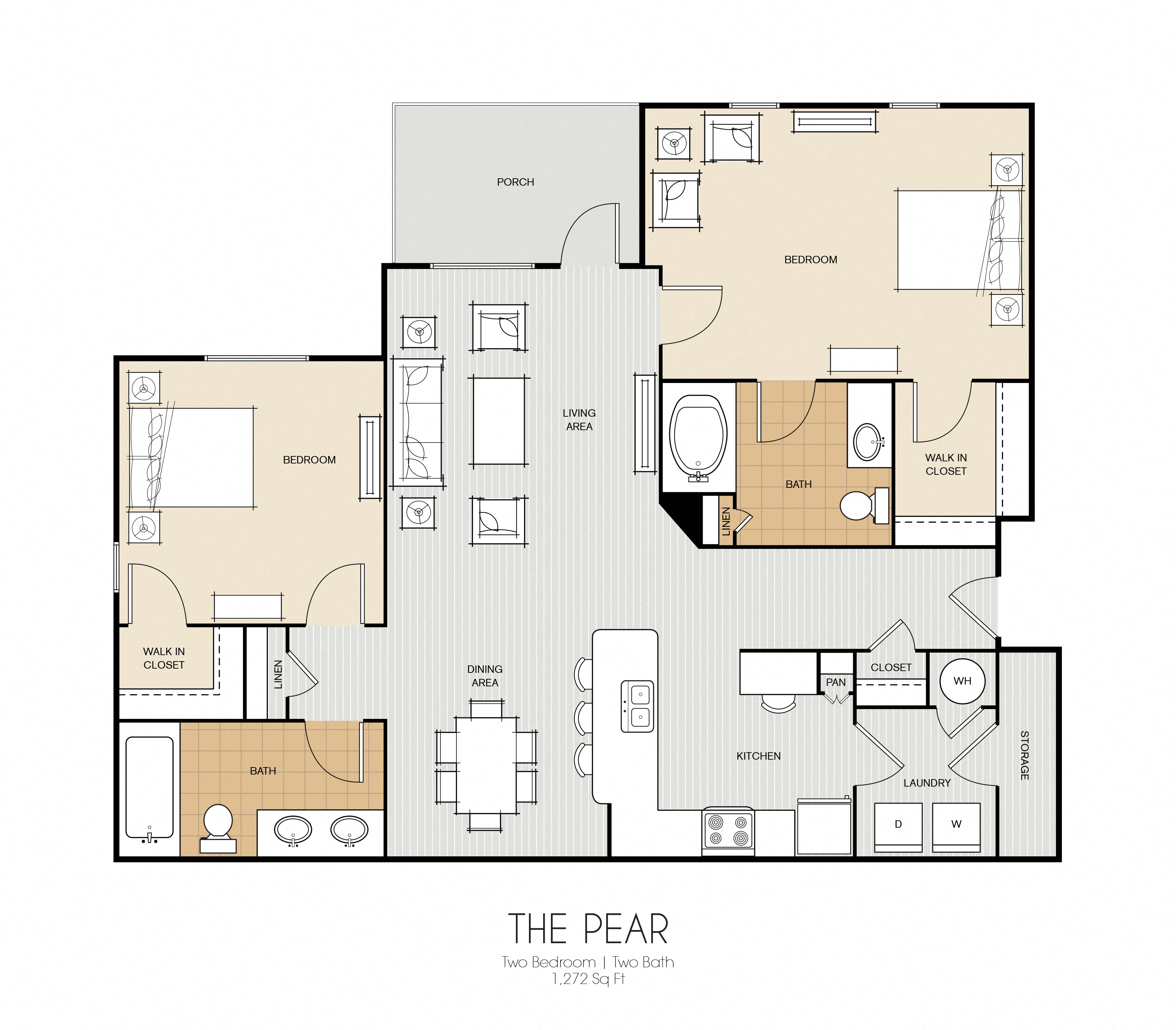 Floor plan for 2 beds, 2 baths, 1272 sqft