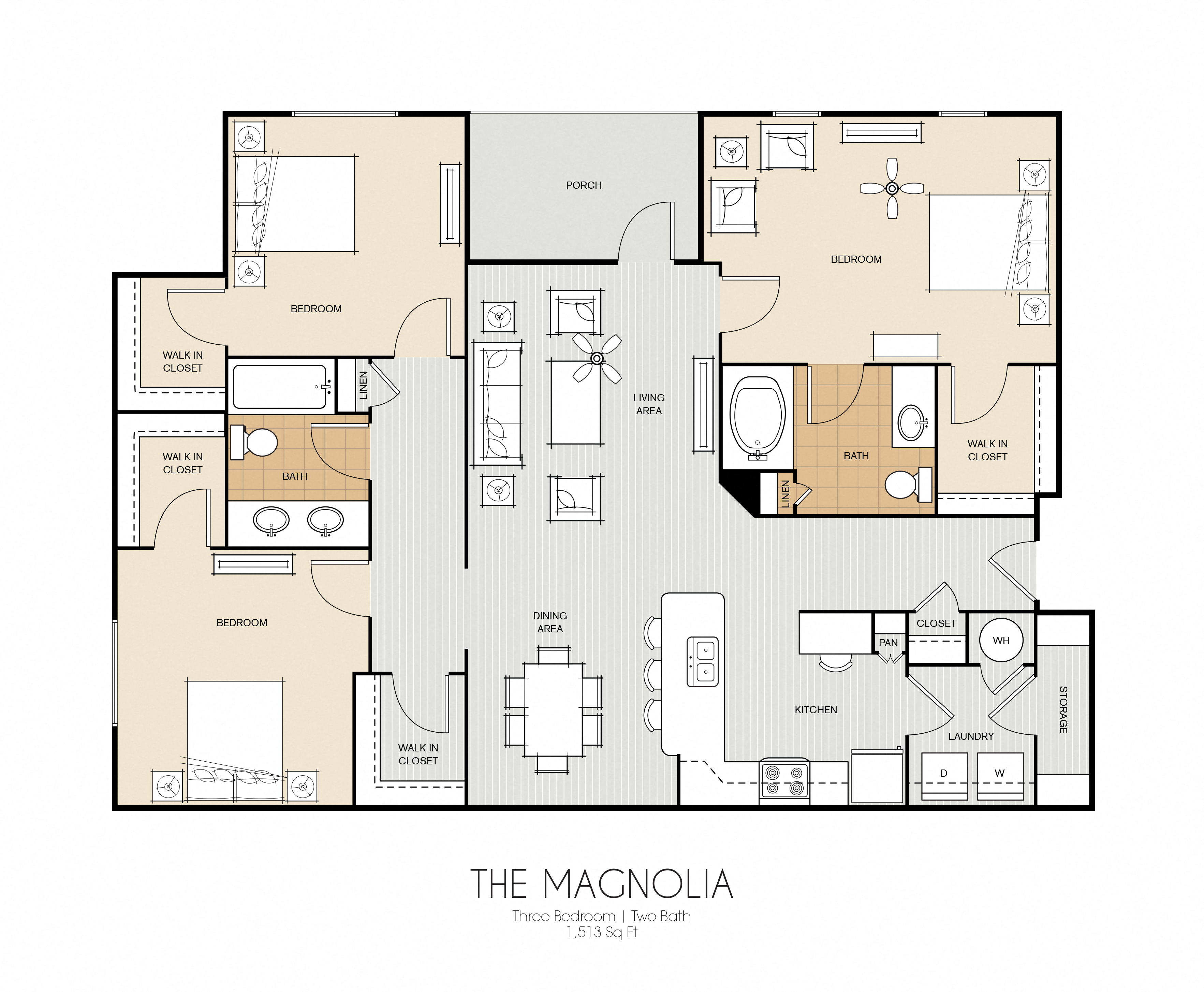 Floor plan for 3 beds, 2 baths, 1513 sqft