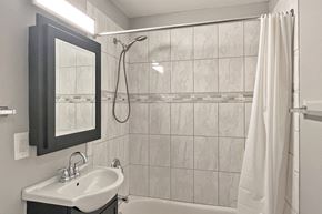 Oak Park apartment for rent - A bathroom with a white sink and a shower with a white curtain.
