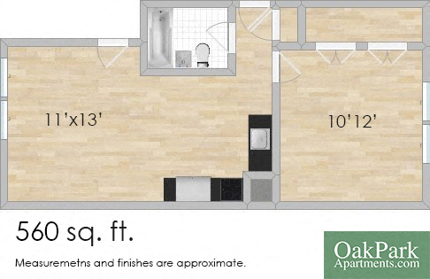 Floor plan for 1 bed, 1 bath, 560 sqft