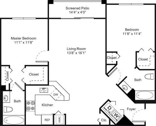 Floor plan for 2 beds, 2 baths, 1150 sqft