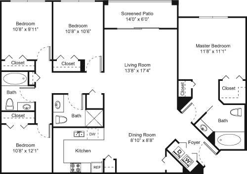 Floor plan for 4 beds, 3 baths, 1574 sqft