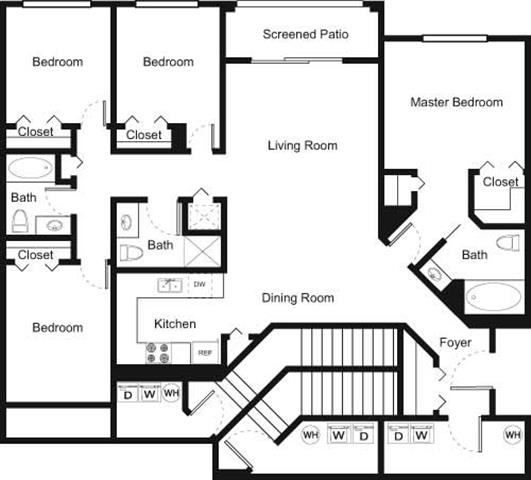 Floor plan for 4 beds, 3 baths, 1611 sqft