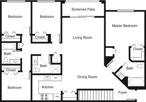 Floor plan for 4 beds, 3 baths, 1618 sqft