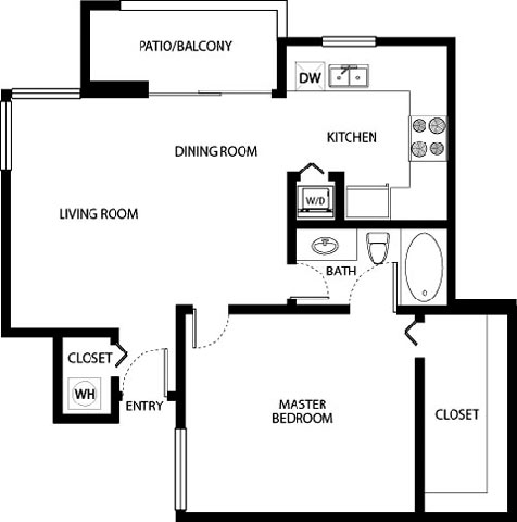 Floor plan for 1 bed, 1 bath, 700 sqft