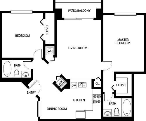Floor plan for 2 beds, 2 baths, 980 sqft