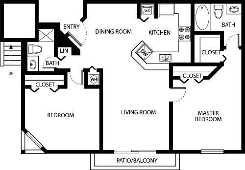 Floor plan for 2 beds, 2 baths, 975 sqft