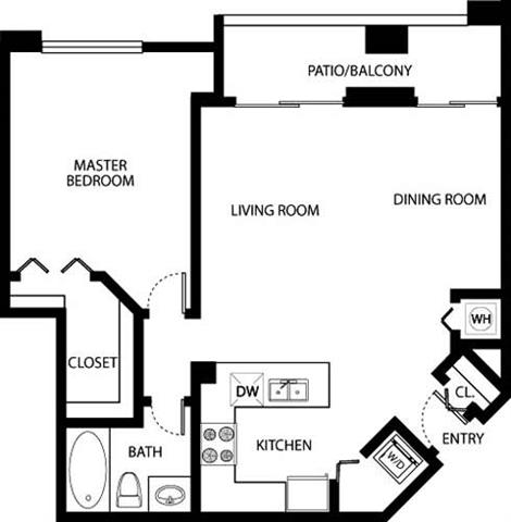 Floor plan for 1 bed, 1 bath, 765 sqft
