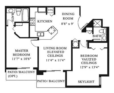 Floor plan for 2 beds, 2 baths, 950 sqft