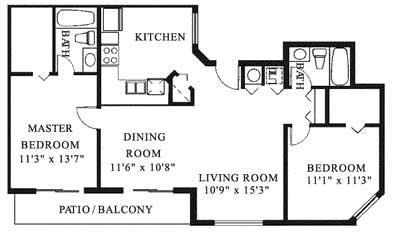Floor plan for 2 beds, 2 baths, 1000 sqft