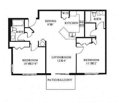 Floor plan for 2 beds, 2 baths, 1065 sqft
