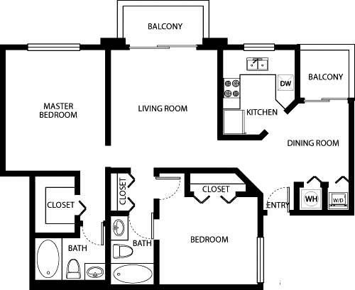 Floor plan for 2 beds, 2 baths, 910 sqft
