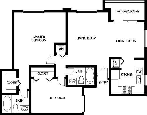 Floor plan for 2 beds, 2 baths, 970 sqft
