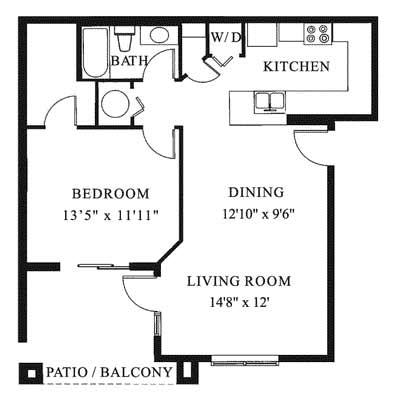 Floor plan for 1 bed, 1 bath, 950 sqft