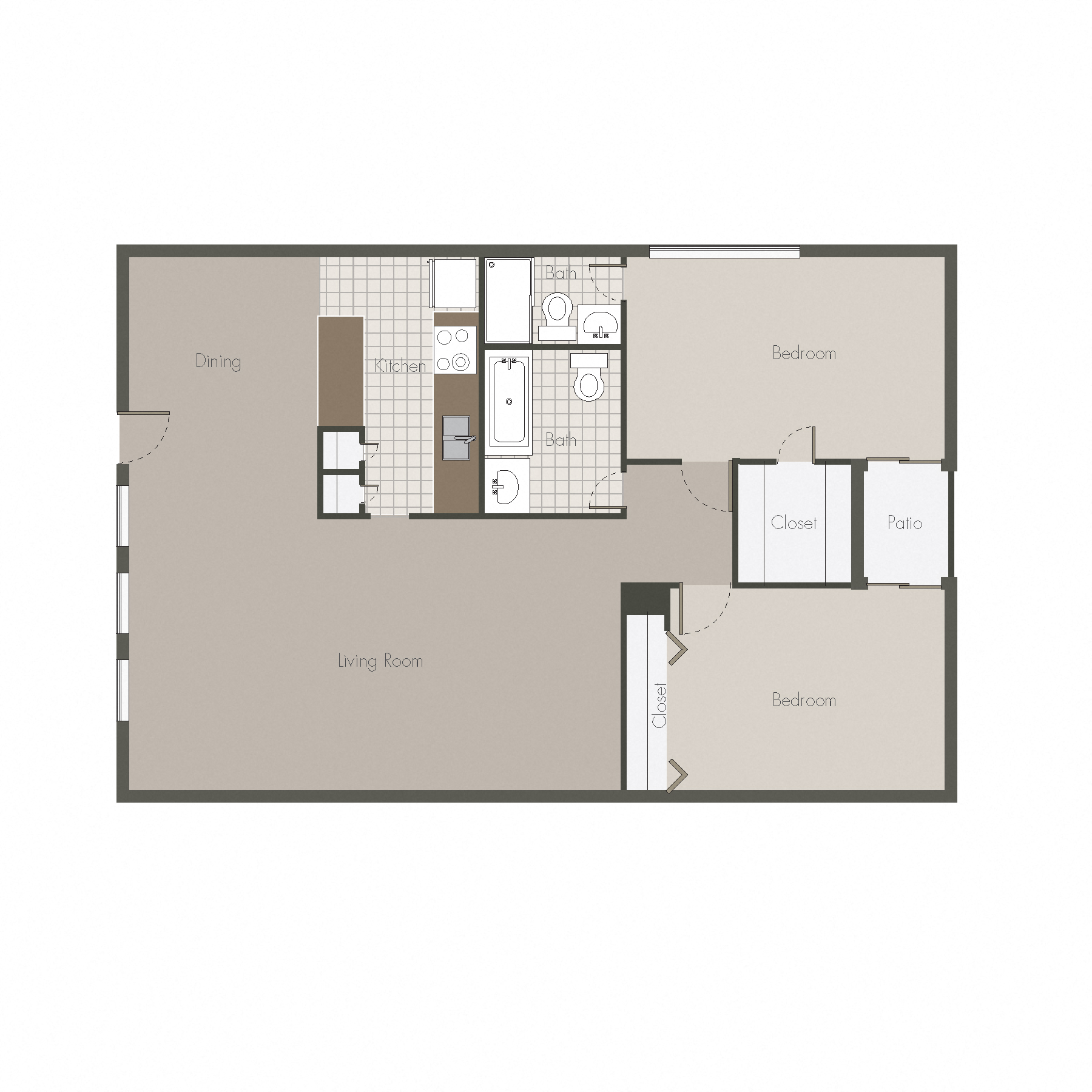 Floor plan for 2 beds, 2 baths, 1264 sqft