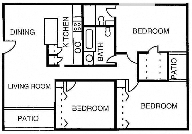 Floor plan for 3 beds, 2 baths, 1264 sqft