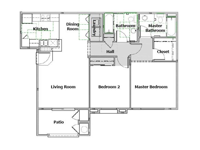 Floor plan for 2 beds, 2 baths, 1081 sqft