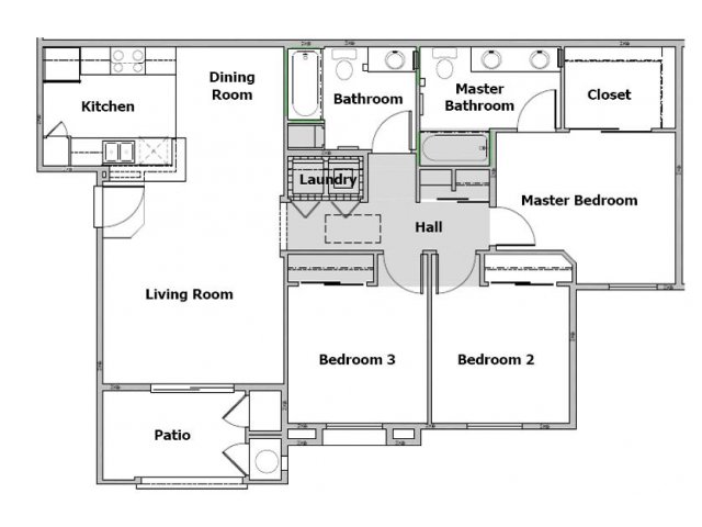 Floor plan for 3 beds, 2 baths, 1224 sqft
