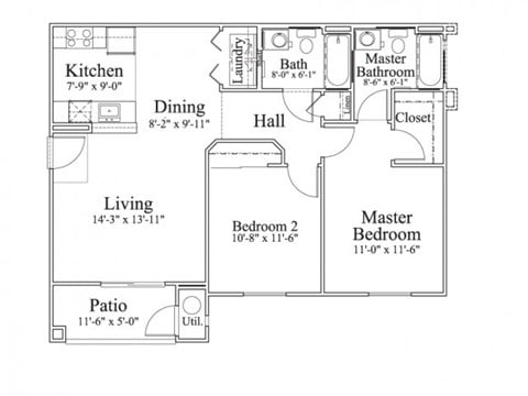 Floor plan for 2 beds, 2 baths, 1016 sqft