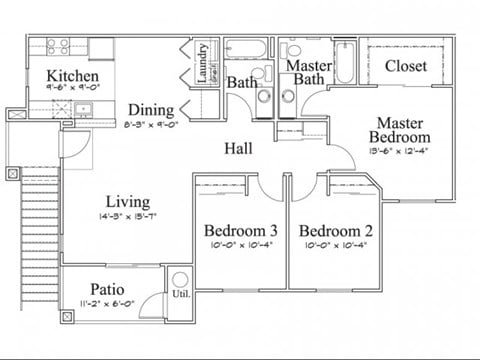 Floor plan for 3 beds, 2 baths, 1181 sqft
