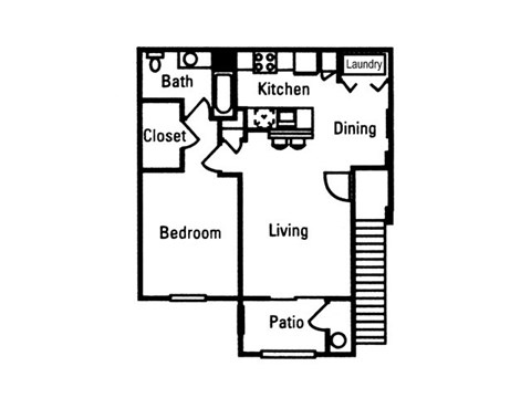Floor plan for 1 bed, 1 bath, 725 sqft