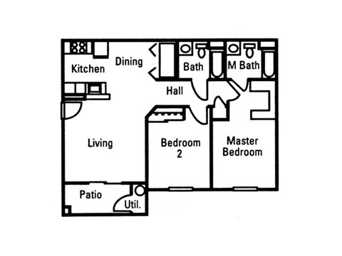 Floor plan for 2 beds, 2 baths, 933 sqft