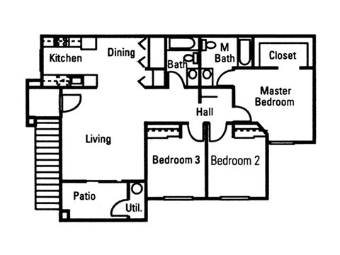 Floor plan for 3 beds, 2 baths, 1148 sqft
