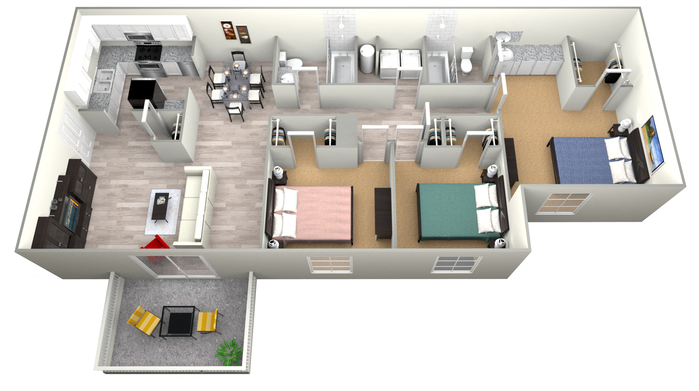 Floor plan for 3 beds, 2 baths, 1270 sqft