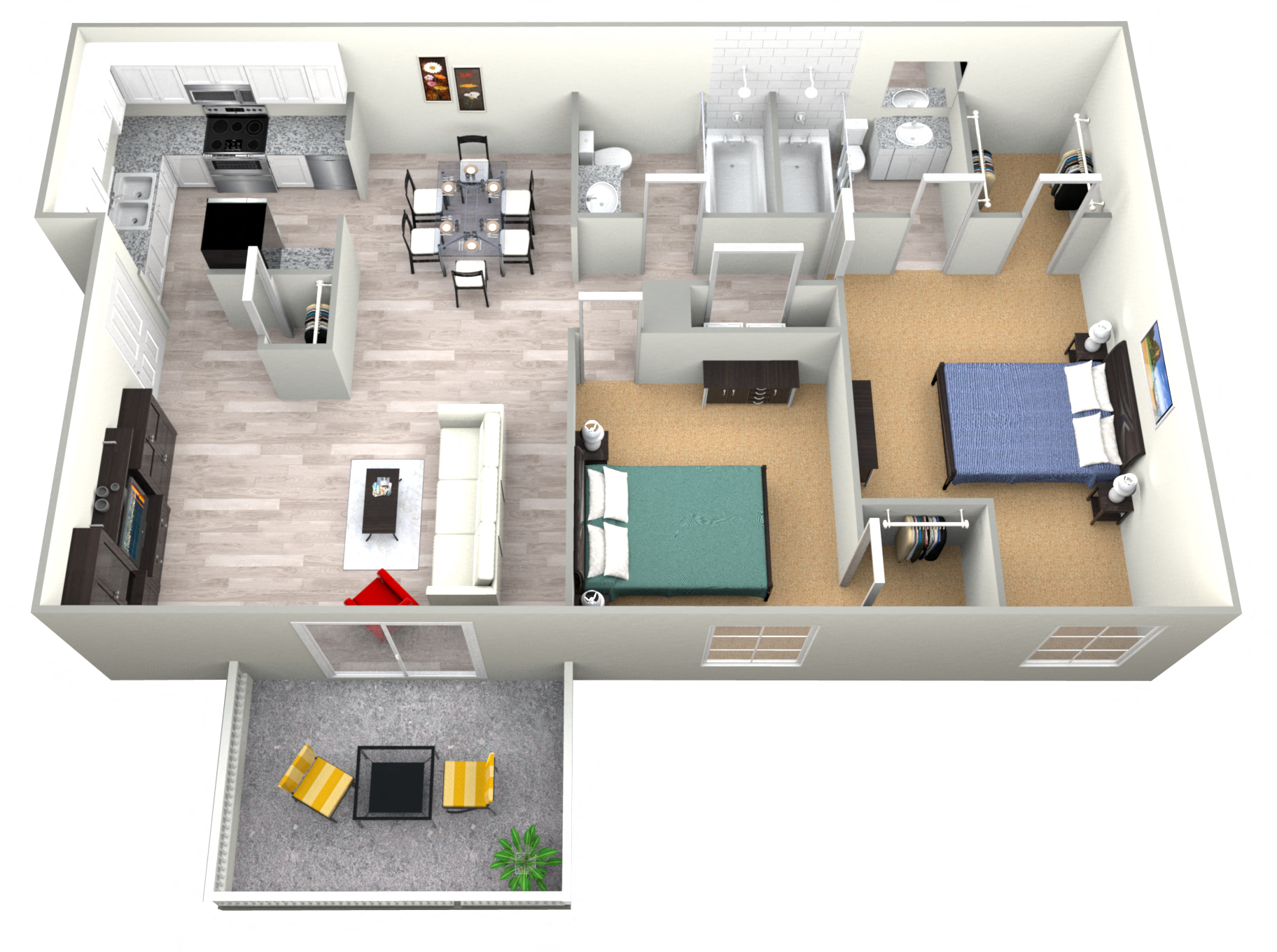 Floor plan for 2 beds, 2 baths, 1015 sqft