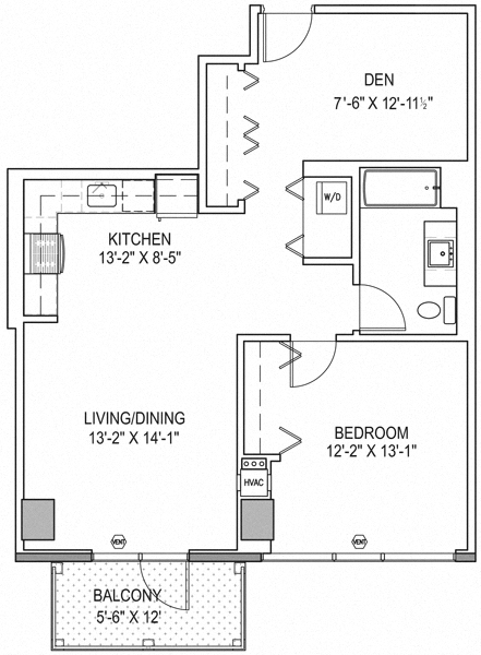 Floor plan for 1 bed, 1 bath, 850 sqft