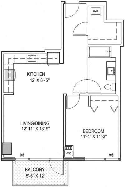 Floor plan for 1 bed, 1 bath, 751 sqft