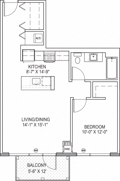 Floor plan for 1 bed, 1 bath, 760 sqft